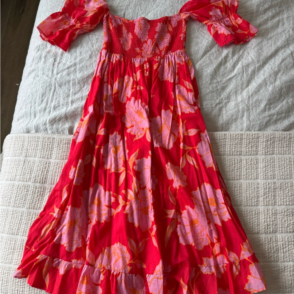 Olivaceous Red and Pink Floral off the shoulder Dress